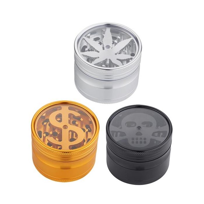 Aluminium Grinder Leaf Dollar Skull, 40mm, 4tlg. assortiert